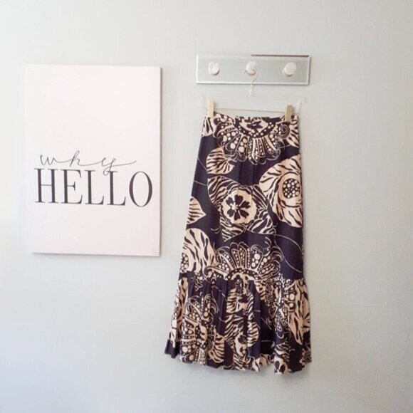 NWOT Zara linen blend botanical print brown & butter tan high waist skirt, XS - Picture 10 of 12